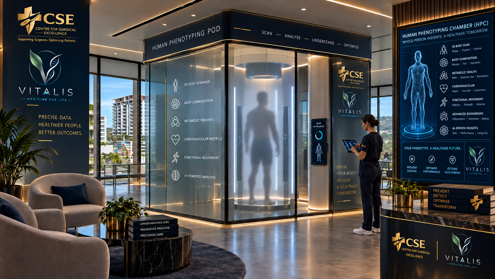 Illustrative view of the Vitalis Human Phenotyping Chamber — a person inside the scanning pod with live whole-body analytics