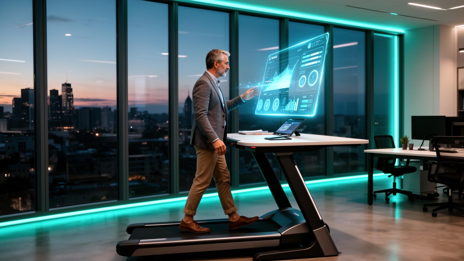Executive on a treadmill desk reviewing a health dashboard at dusk
