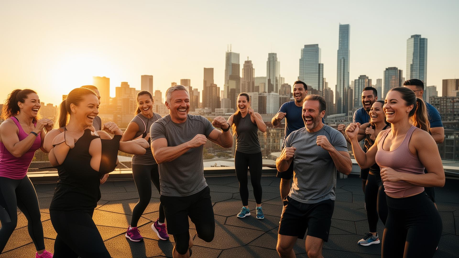 Diverse fit professionals laughing during a rooftop team workout at golden hour